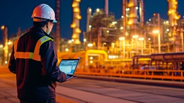Foto en el negocio de la petroquímica pesada, la ingeniería está usando un cuaderno para verificar y está frente a una estructura de construcción de refinería de petróleo usando ia generativa