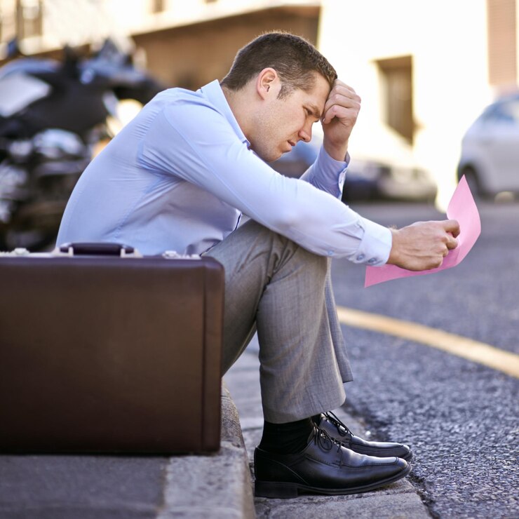 Foto negócio preocupação ou perda de emprego na rua com estresse de carta ou pensando em crise de carreira vendedor rosa deslizamento ou saúde mental ou ansiedade de desempenho no trabalho ou demitido com rescisão de contrato