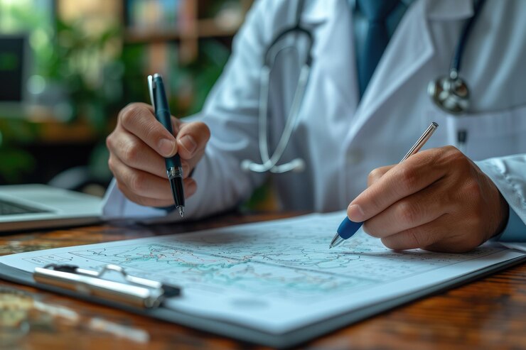 Negocios de atención médica Un empresario analiza los datos gráficos y el aumento de la atención médica en la red médica Las enfermedades emergentes aumentan la conciencia y la atención de las personas sobre la atención médica y los seguros