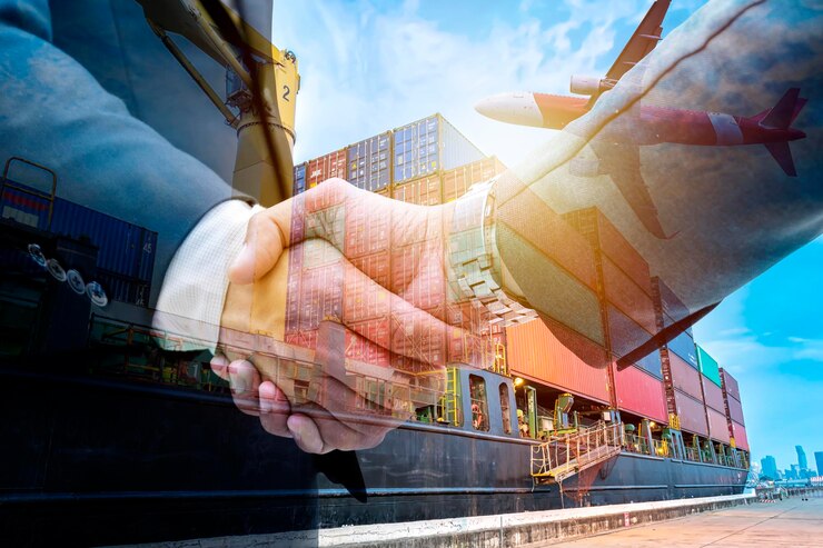 Negócios de dupla exposição apertam a mão com fundo de armazém de contêineres para envio de remessa de transporte importação exportação para conceito de logística global por barco e avião