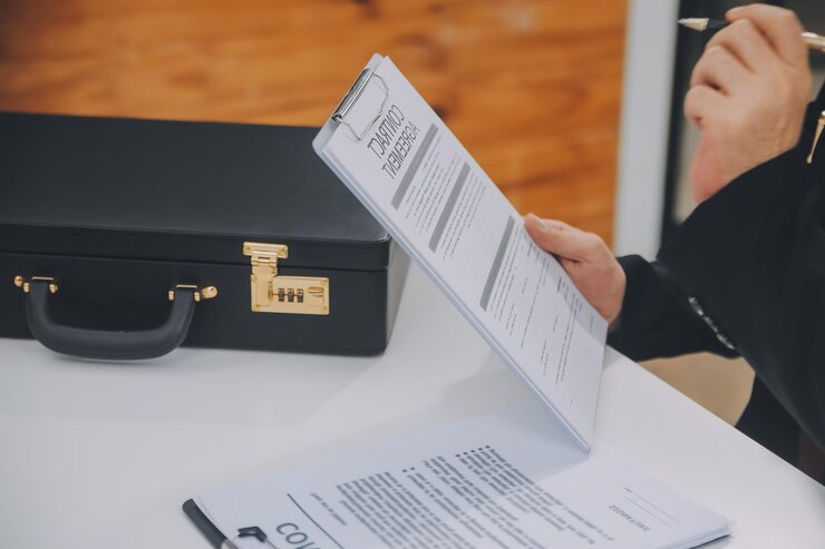 Foto negócios e advogados discutindo papéis de contrato com escala de latão na mesa no escritório serviços jurídicos de direito aconselhamento justiça e direito conceito de imagem com efeito de grão de filme