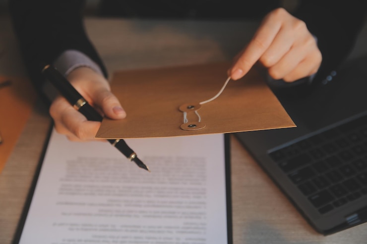 Foto negócios e advogados discutindo papéis de contrato com escala de latão na mesa no escritório serviços jurídicos de direito aconselhamento justiça e direito conceito de imagem com efeito de grão de filme