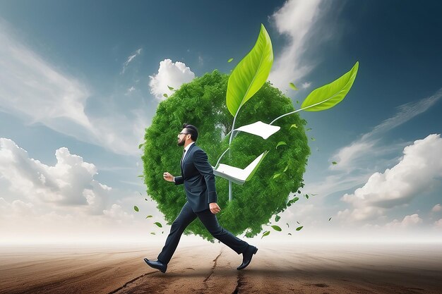 Negocios ecológicos medio ambiente ecológico en la crisis del cambio climático o el concepto de sostenibilidad hombre de negocios inteligente que lleva el viento