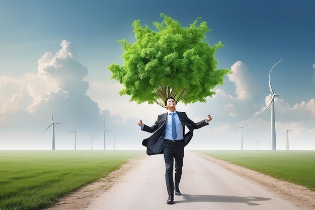 Negocios entorno verde respetuoso del medio ambiente en la crisis del cambio climático o el concepto de sostenibilidad hombre de negocios inteligente que lleva viento