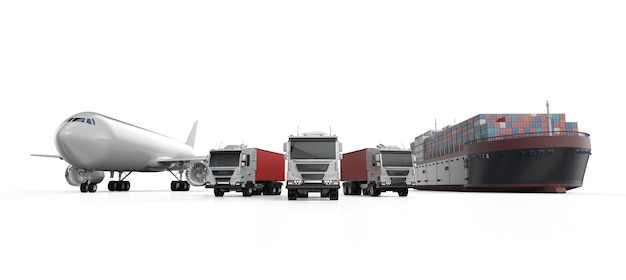 Negócios logísticos de renderização L3d com avião de navio de carga e caminhão em fundo branco