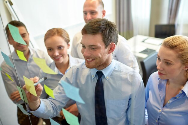 Foto negocios, personas, trabajo en equipo y concepto de planificación - equipo de negocios sonriente con marcador y pegatinas trabajando en la oficina