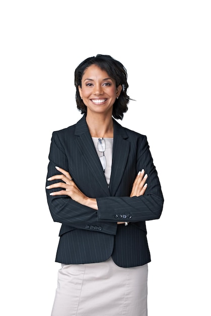 Los negocios son buenos. Retrato de estudio de una exitosa mujer de negocios posando sobre un fondo blanco.