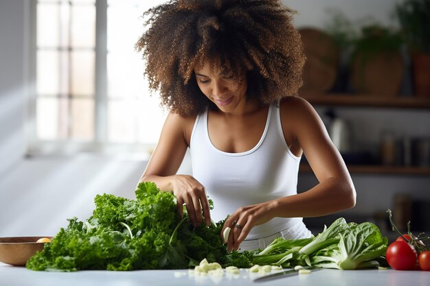 Negra afro-americana jovem mulher bonita com cabelo exuberante em uma camiseta prepara salada na cozinha
