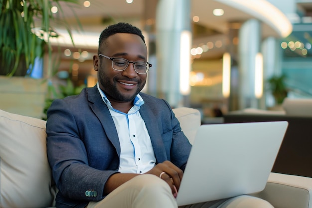 Foto negro-americano homem de negócios trabalhando em laptop no lobby do hotel esperando alguém sorrindo