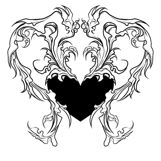 Negro y blanco auténtico mito neo tribal diseño de tatuaje de ala de corazón