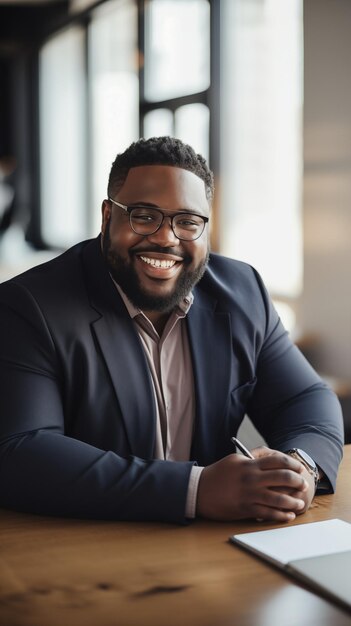 Foto negro de negócios em fato de negócios sorrindo no escritório.