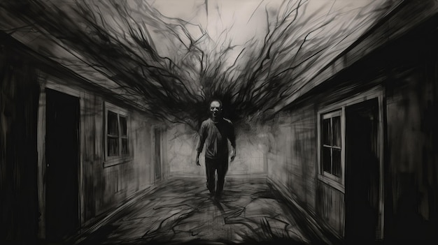 Negro e branco Realismo Sobrenatural Pintura Homem caminhando pelo corredor
