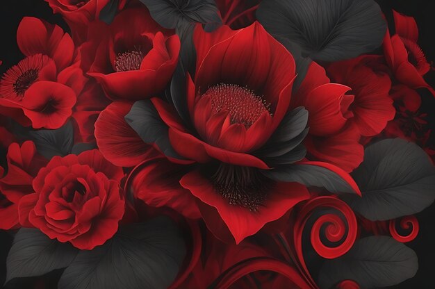 Negro e Vermelho Psicodélico Impressão Floral Design Fine Artwork