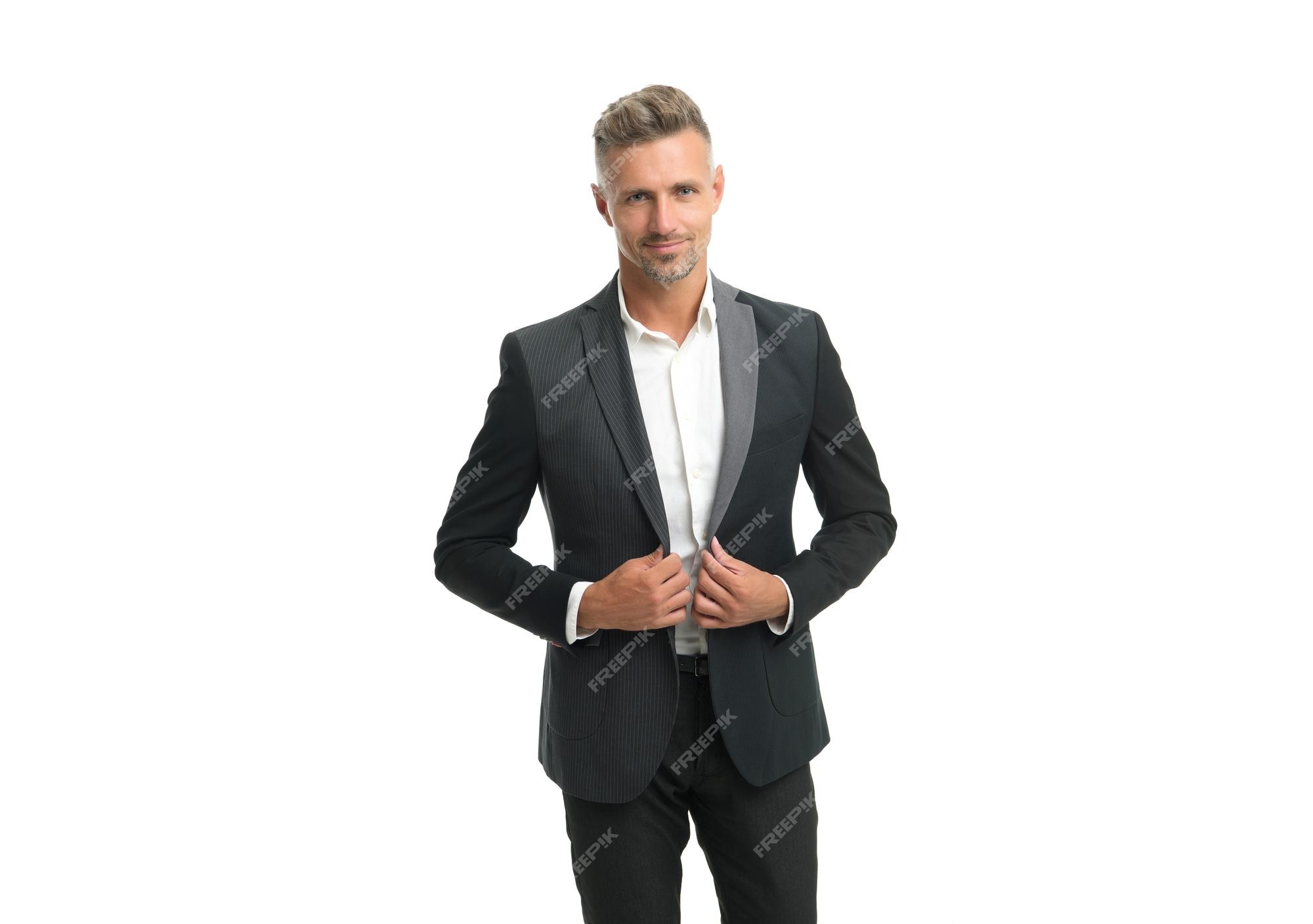 El negro opcional para el atuendo de el hombre usa un traje elegante aislado en blanco ropa formal traje de fiesta moda de soltero estilo clásico traje de recepción