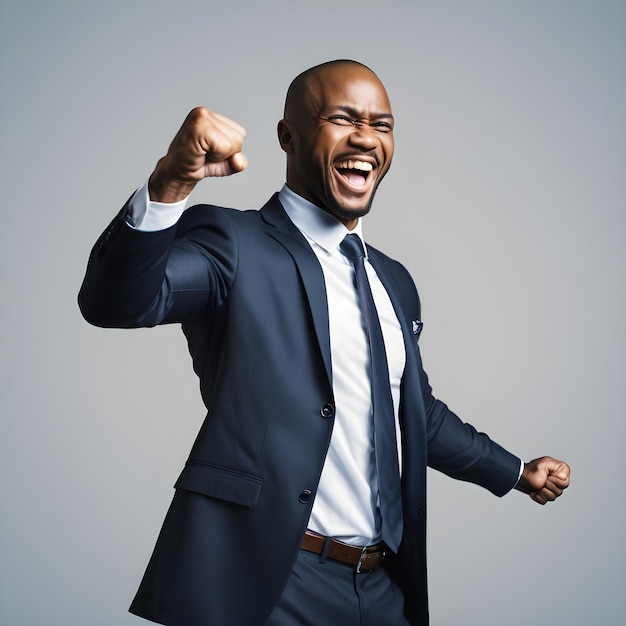 Negro feliz, homem de negócios, punho no ar para a vitória.