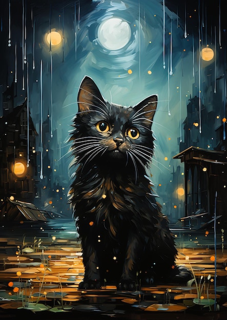 negro gatito gato gatito sentado lluvia ojos dorados digital llamativo brillando noche de pie estrellado