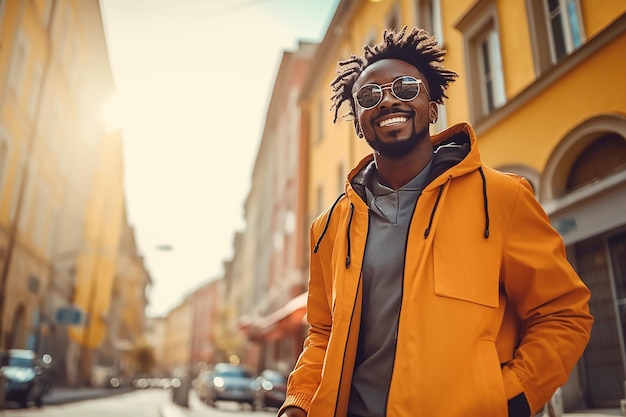 negro gen z caminar al aire libre naranja ambiente sonriente Súper resolución Colores saturados Unreal Engi