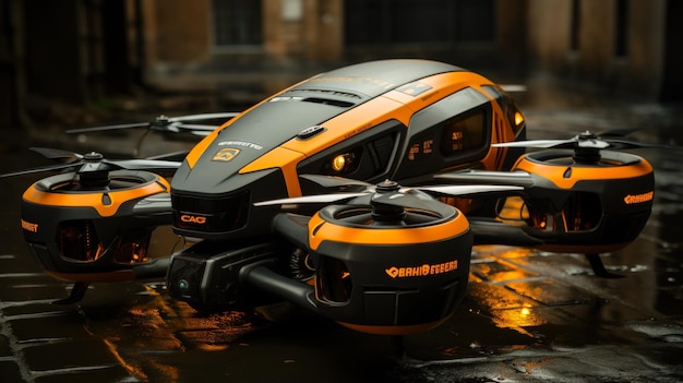 Foto negro y naranja vigilancia futurista orbital speeder drone en la calle cobblestone elegante y elegante