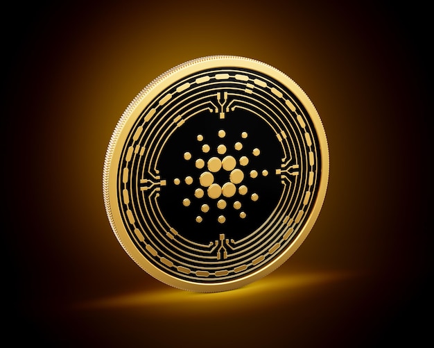 Y Negro Redondeado Cryptocurrency Cardano oro ADA moneda en fondo de brillo dorado Ilustración 3d