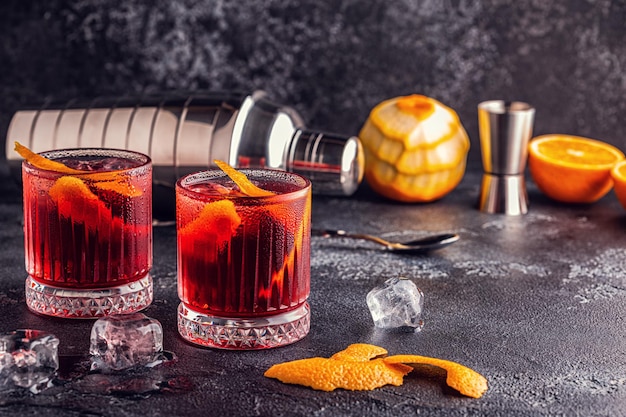 Negroni-Cocktail mit Orangenschale und selektivem Fokus auf Eis