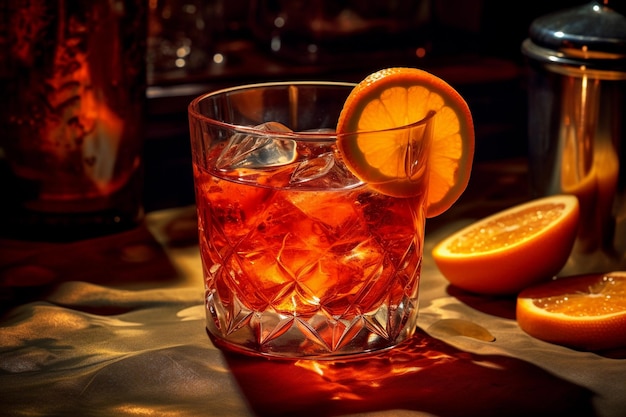 Negroni Sbagliato Una copa de cóctel rojo con rodajas de naranja sobre la mesa