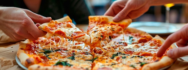 Foto nehmen sie die hände pizza auf den tisch selektive konzentration