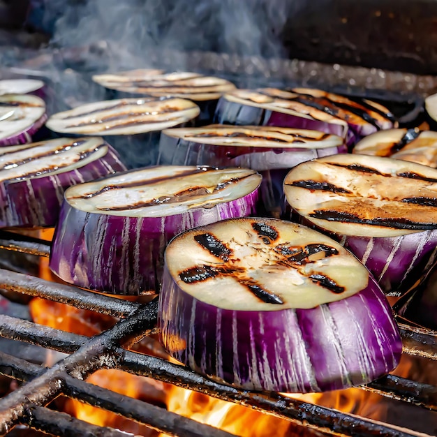 Nehmen Sie eine Nahaufnahme dünn geschnittener Auberginen auf, die auf offener Flamme gegrillt werden