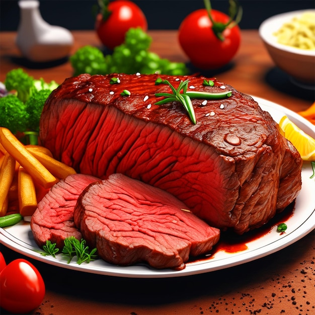 Nehmen Sie eine Nahaufnahme eines köstlichen Rindfleischs mit mittlerer, seltener Barbecue, der eine verlockende Allu ausstrahlt.