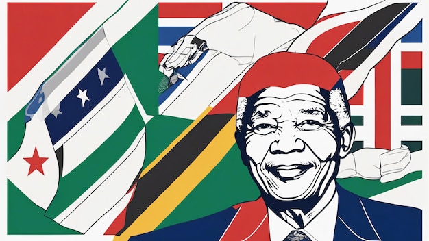 Nelson Mandela mit Kunst im Stil der südafrikanischen Flagge