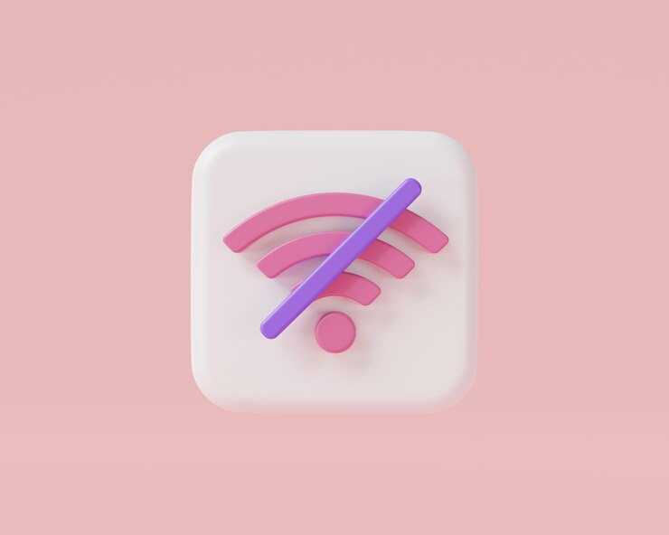 Foto nenhum ícone de sinal wi-fi no fundo rosa a rede wi-fi não está disponível erro de rede ruim na internet erro sem fio problema wi-fi sem sinal de internet ilustração de renderização 3d estilo minimalista dos desenhos animados