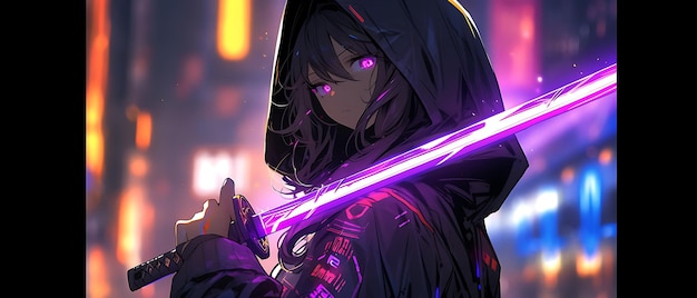 Neno chica ninja cyberpunk con espada