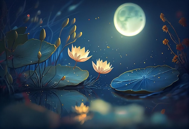 Nenúfar e lua na ilustração da noite estrelada