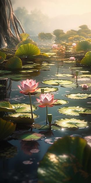 Un nenúfar en un estanque con una flor rosa en el medio.