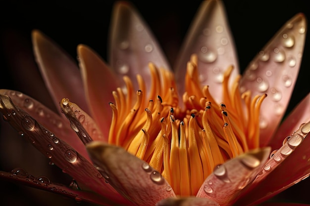 Un nenúfar o una flor de loto con gotas en sus pétalos flotan en el estanque IA generativa