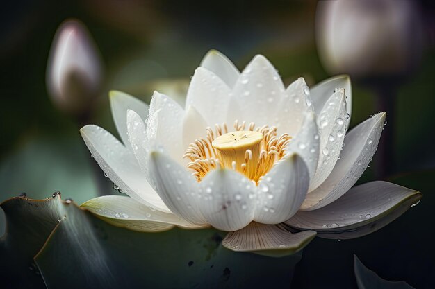 Un nenúfar o una flor de loto con gotas en sus pétalos flotan en el estanque IA generativa