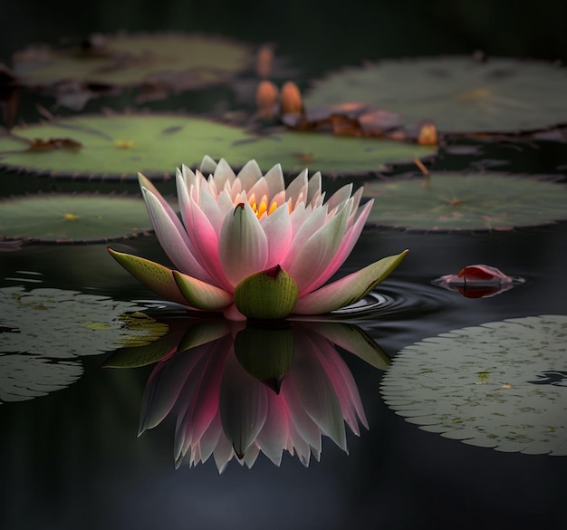 Un nenúfar rosa flota en un estanque con una hoja verde.