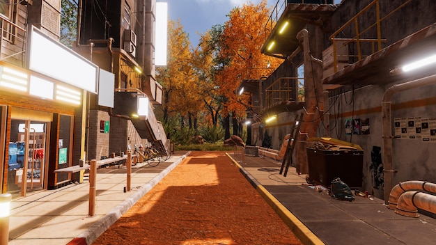 Neo City mit Cyberpunk-Stil und natürlicher Umgebung Futuristische Landschaft 3D-Rendering