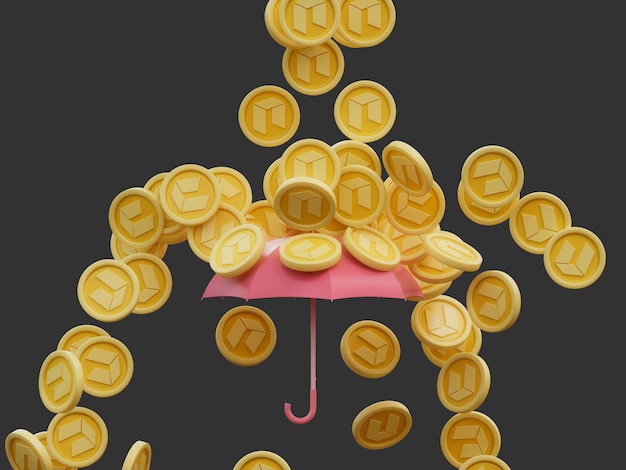 Neo Coin Chovendo Crypto Moeda Guarda-chuva Hit Protect Cover Isolado Ilustração 3D Conceito Renderização