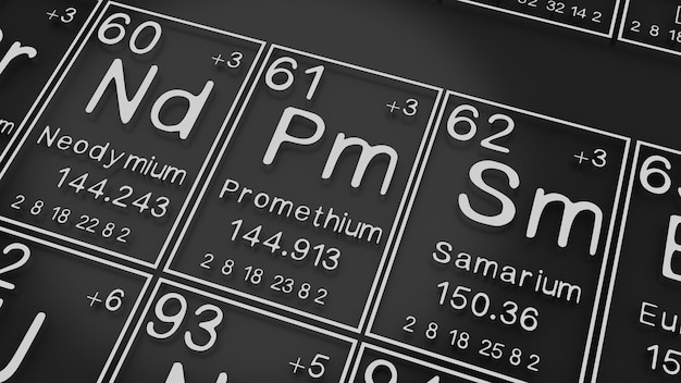 Neodymium Promethium Samarium auf dem Periodensystem der Elemente auf schwarzem Schwarzgrund Geschichte der chemischen Elemente repräsentiert die Atomnummer und das Symbol3d-Rendering