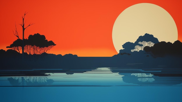 Foto neogeo minimalismo puesta de sol sobre el agua de la década de 1970 impresión en pantalla bloqueo de color