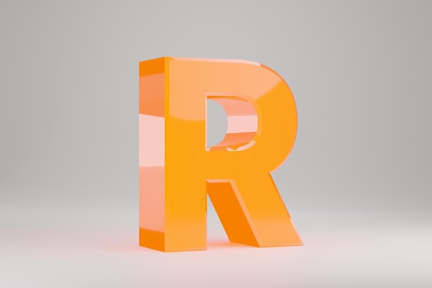 Neon-3D-Buchstabe R Großbuchstaben. Gelber Neonbuchstabe lokalisiert auf weißem Hintergrund. Glänzendes gelbes neonglühendes Alphabet. 3D gerenderte Schriftzeichen.