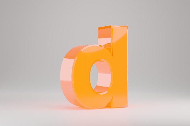 Neón 3d letra D minúscula. Letra de neón amarillo aislada sobre fondo blanco. Alfabeto que brilla intensamente de neón amarillo brillante. Carácter de fuente renderizado 3D.