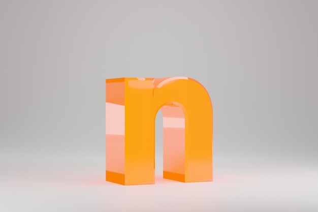 Neon 3d letra N minúscula. Carta de néon amarela isolada no fundo branco. Alfabeto brilhante neon amarelo brilhante. Personagem de fonte renderizada 3D.
