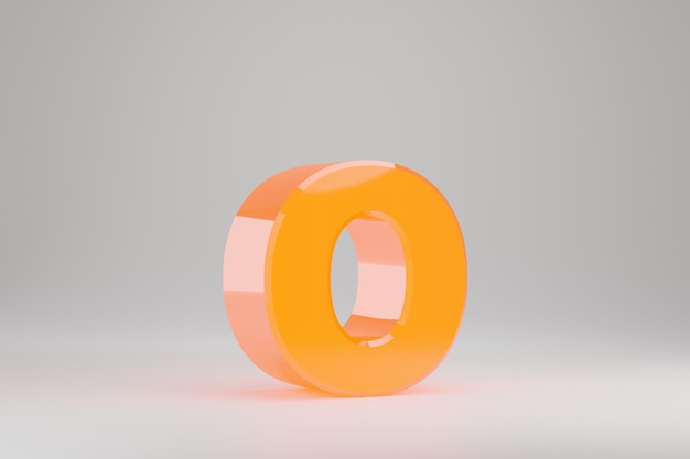 Neón 3d letra O minúscula. Letra de neón amarillo aislada sobre fondo blanco. Alfabeto que brilla intensamente de neón amarillo brillante. Carácter de fuente renderizado 3D.