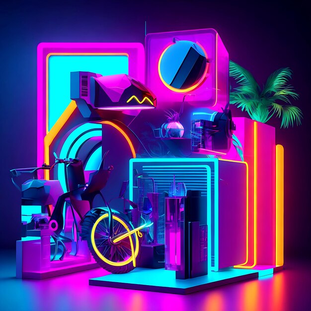 Neon 3D Render Metaverso concepto collage diseño Ai Generativo