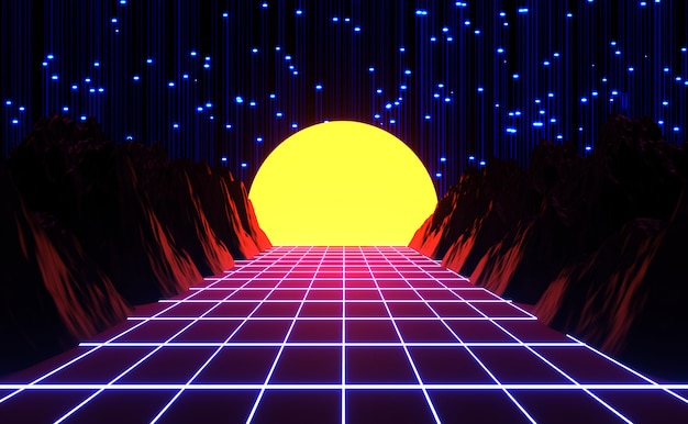 Neon 80s redete an, Retro- Spiel der Weinlese und Musiklandschaft, Lichter und Wiedergabe der Berge 3d.