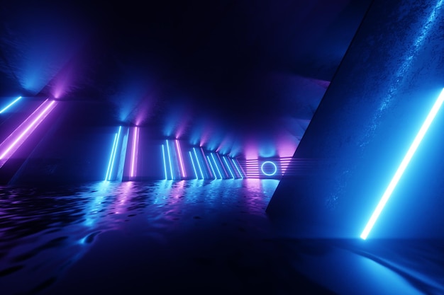 Néon abstrato fundo azul néon roxo. design moderno, interior de tendência, luz ultravioleta, boate, painéis luminosos, decoração de palco, corredor, túnel. 3d render 3d ilustração cópia espaço.