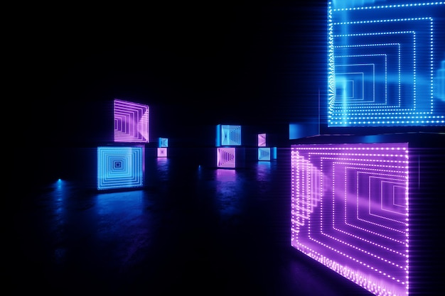 Néon abstrato fundo azul néon roxo. design moderno, interior de tendência, luz ultravioleta, boate, painéis luminosos, decoração de palco, corredor, túnel. 3d render 3d ilustração cópia espaço.