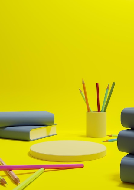 Neon amarelo produto de volta à escola exibe um pódio lado lápis livros na mesa de fotografia