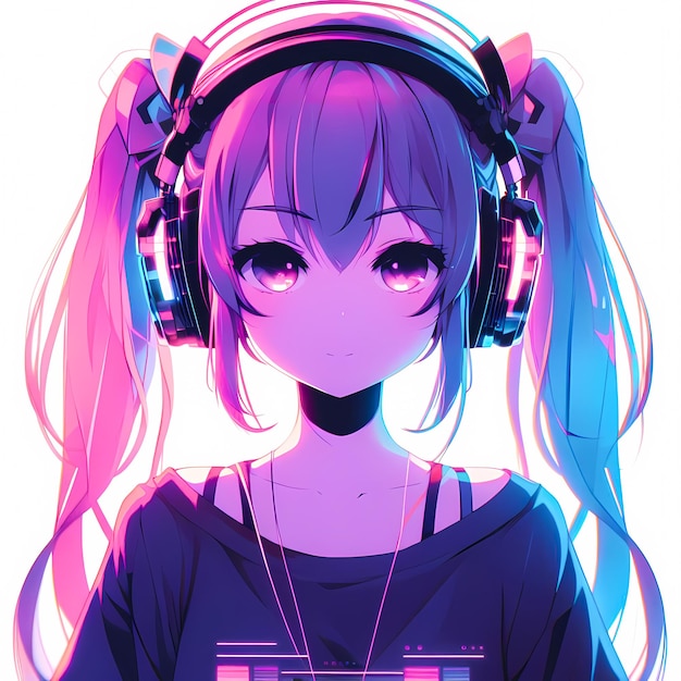 Neon Anime Chica con auriculares de fondo blanco